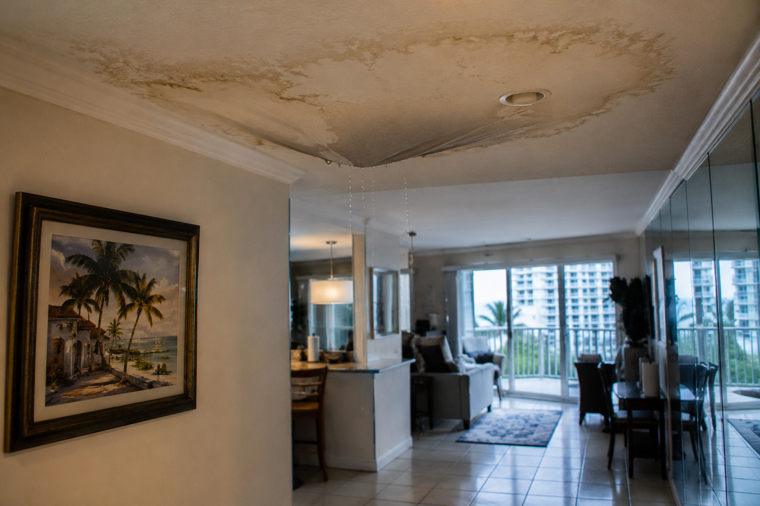 Ceiling leak between condo units in Pompano Beach with water staining and wet drywall